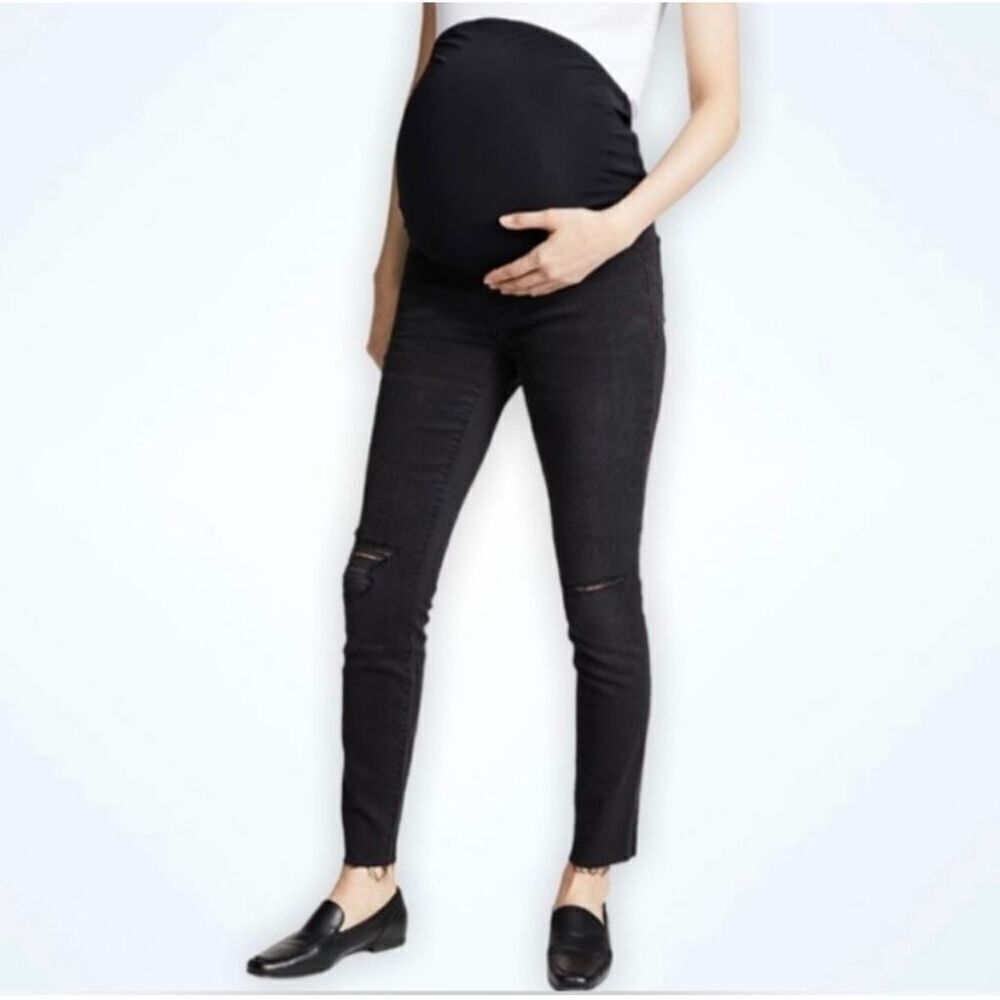 Madewell Maternity Skinny Stretch Black Vintage Wash Distressed Raw Hem Size 24